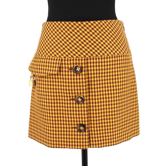 Marc Jacobs Tailored Mini Skirt Burgundy Yellow Checked Gold Chain Lock 0 XS NEW - Picture 1 of 8